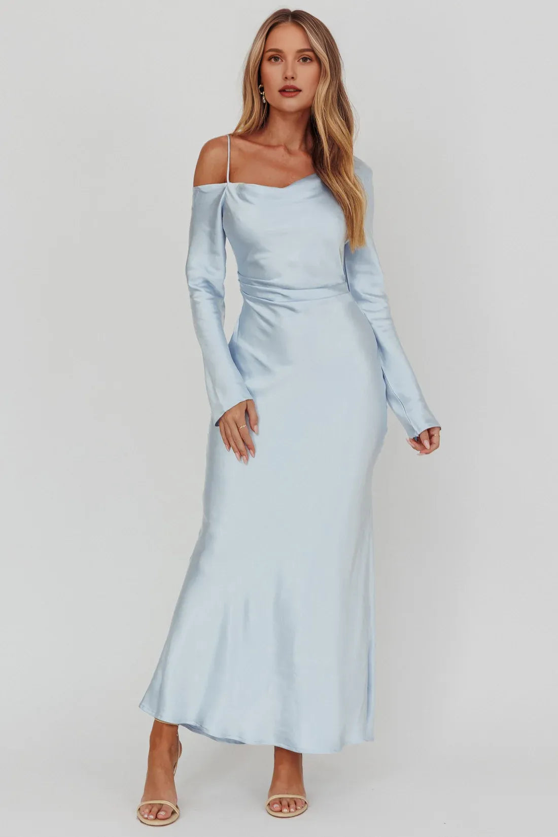 Elegant Mermaid/Trumpet Asymmetrical Neck Long Sleeve Backless Ankle-Length Prom Dress